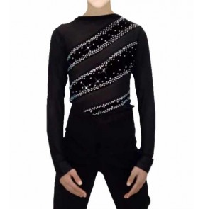 Boys kids black velvet with mesh competition latin dane shirts rhinestones salsa rumba chacha ballroom party ball gown dancing body tops